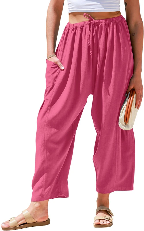 TARSE Womens Linen Wide Leg Pants Casual Loose Drawstring Summer Beach Travel Vacation Palazzo Harem Pants with Pockets, Bright Pink, XXL