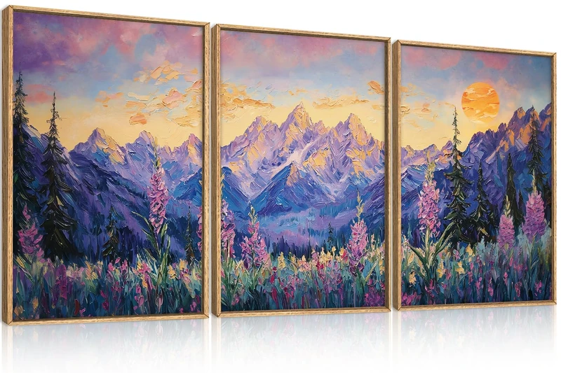 HOURIA Purple Sunset Mountain Landscape Framed Canvas Wall Art Set,Nature Pine Tree Wildflowers Wall Decor,Golden Sunlight Wall Painting,Modern Field Art Prints for Living Room, Bedroom-16 x24 x3