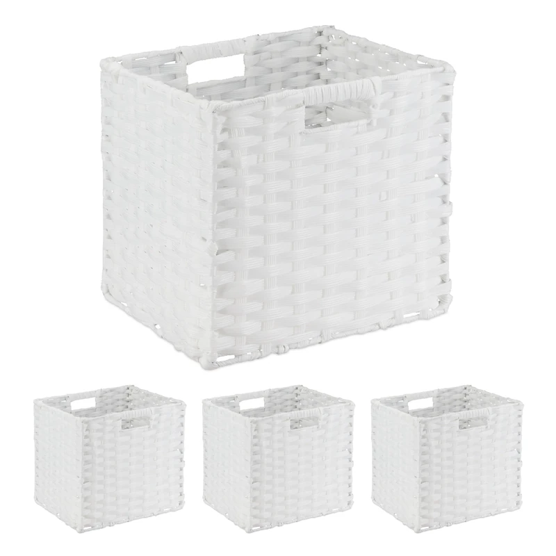 Relaxdays Storage Baskets, Set of 4, Wicker Design, Folding Cubes, 31x32x30 cm, Shelf Organiser Boxes, Plastic, White