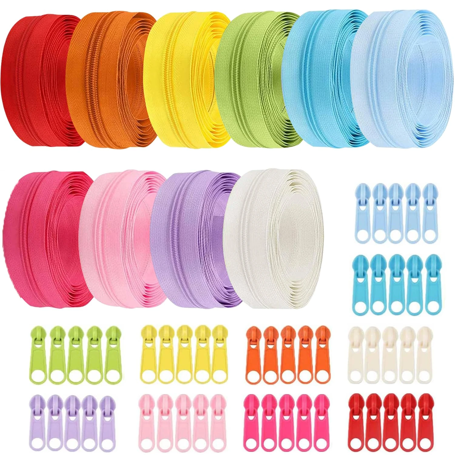 Exquilnova Zips for Sewing,30M 10 Colors Zipper,Sewing Accessories Zip Repair Kit with 50 Sliders,Nylon Invisible Zip for DIY Craft Projects,Skirts,Bags,Cushions,Luggage Accessories (10 Light Colors)