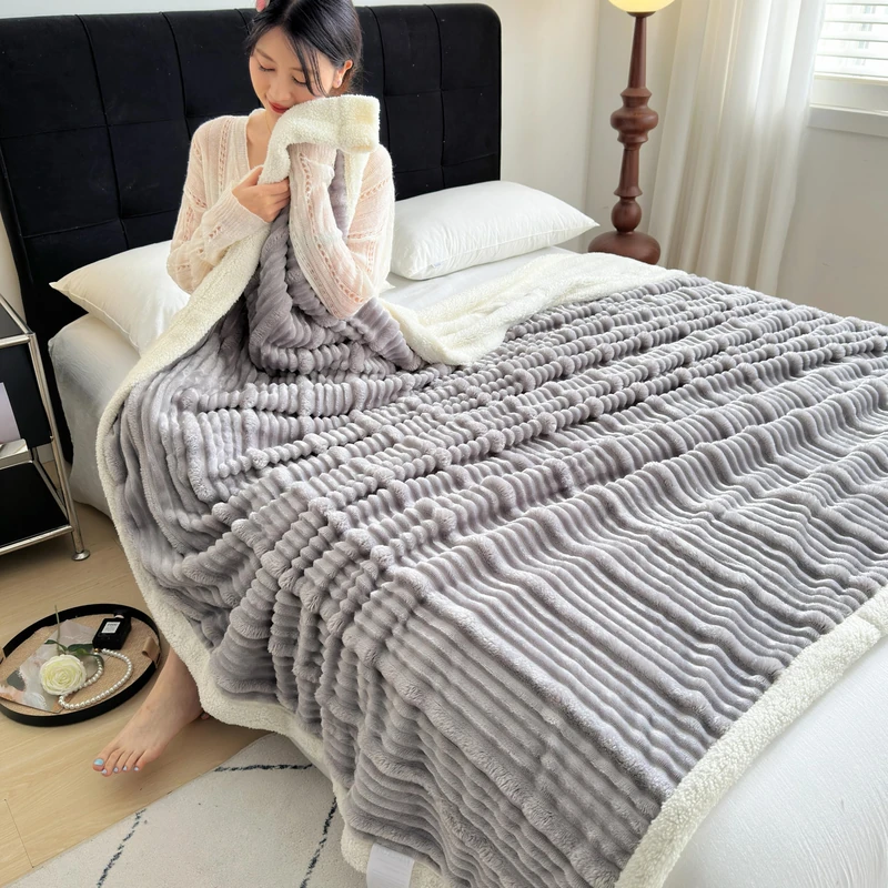 Ukeler Sherpa Bed Blanket 80 × 90 inch, Ultra Soft Queen Size Throw Blanket for All Season, 470 GSM Cozy Plush Striped Fleece Blanket for Bedroom Living Room Dorm Hostel Sofa Camping, Silver Gray