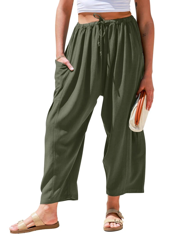 TARSE Womens Linen Wide Leg Pants Casual Loose Drawstring Summer Beach Travel Vacation Palazzo Harem Pants with Pockets, Green, XXL