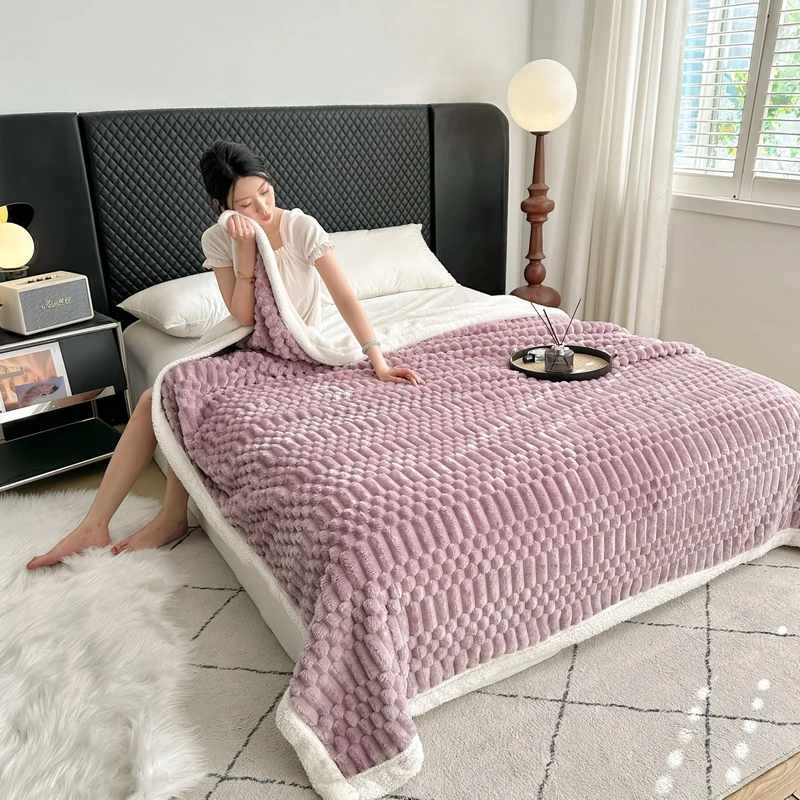 UKELER Sherpa Bed Blanket 80 × 90 inch, Ultra Soft Queen Size Throw Blanket for All Season, 470 GSM Cozy Plush Striped Fleece Blanket for Bedroom Living Room Dorm Hostel Sofa Camping, Purple