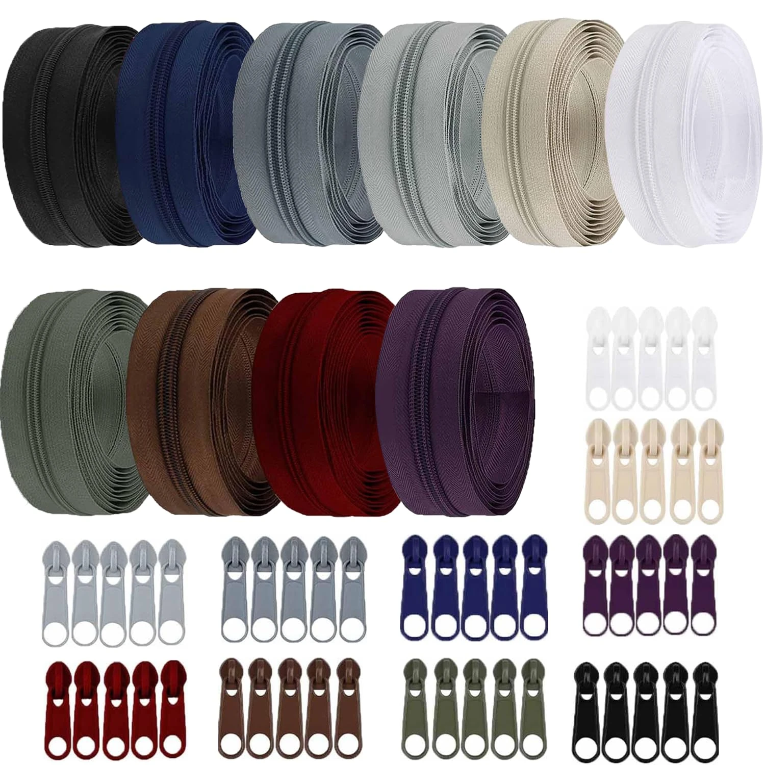 Exquilnova Zips for Sewing,30M 10 Colors Zipper,Sewing Accessories Zip Repair Kit with 50 Sliders,Nylon Invisible Zip for DIY Craft Projects,Skirts,Bags,Cushions,Luggage Accessories (10 Dark Colors)