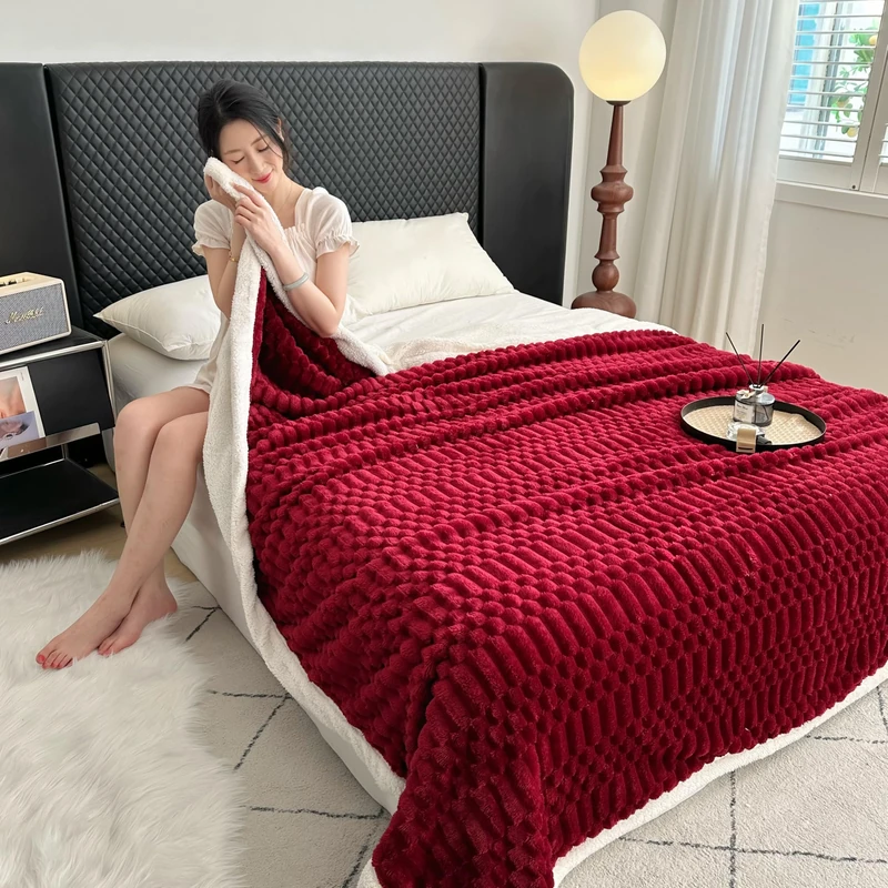 UKELER Sherpa Bed Blanket 80 × 90 inch, Ultra Soft Queen Size Throw Blanket for All Season, 470 GSM Cozy Plush Striped Fleece Blankets for Bedroom Living Room Dorm Hostel Sofa Camping, Red