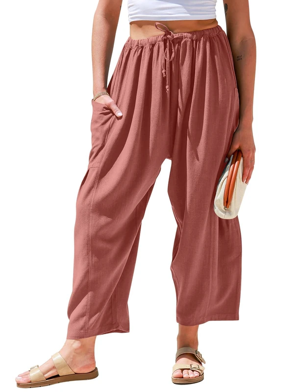 Tarse Womens Linen Wide Leg Pants Casual Loose Drawstring Summer Beach Travel Vacation Palazzo Harem Pants with Pockets, Dusty Rose, XXL