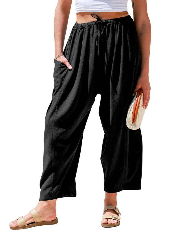 TARSE Womens Linen Wide Leg Pants Casual Loose Drawstring Summer Beach Travel Vacation Palazzo Harem Pants with Pockets, Black, XXL