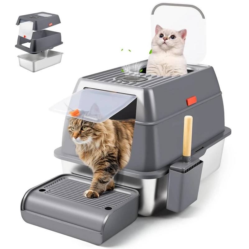 Bartuke Stainless Steel Cat Litter Box, High Sided Metal Litter Tray with Scoop, Filter Pedal, Non-Sticky, Non-Odor, Easy Cleaning (Dark Grey)