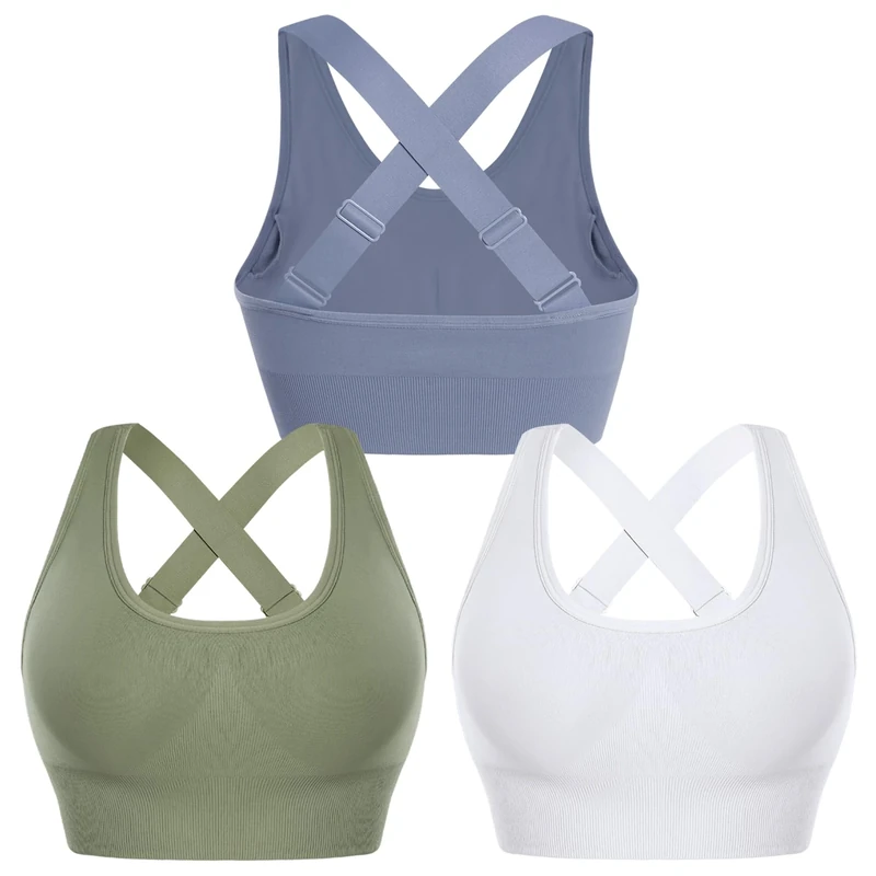 Leversic Sports Bra Adjustable Straps Women Workout Bra Padding Bras Mid Impact Gym Bras for Yoga Fitness Running(White+Blue+Green,S)