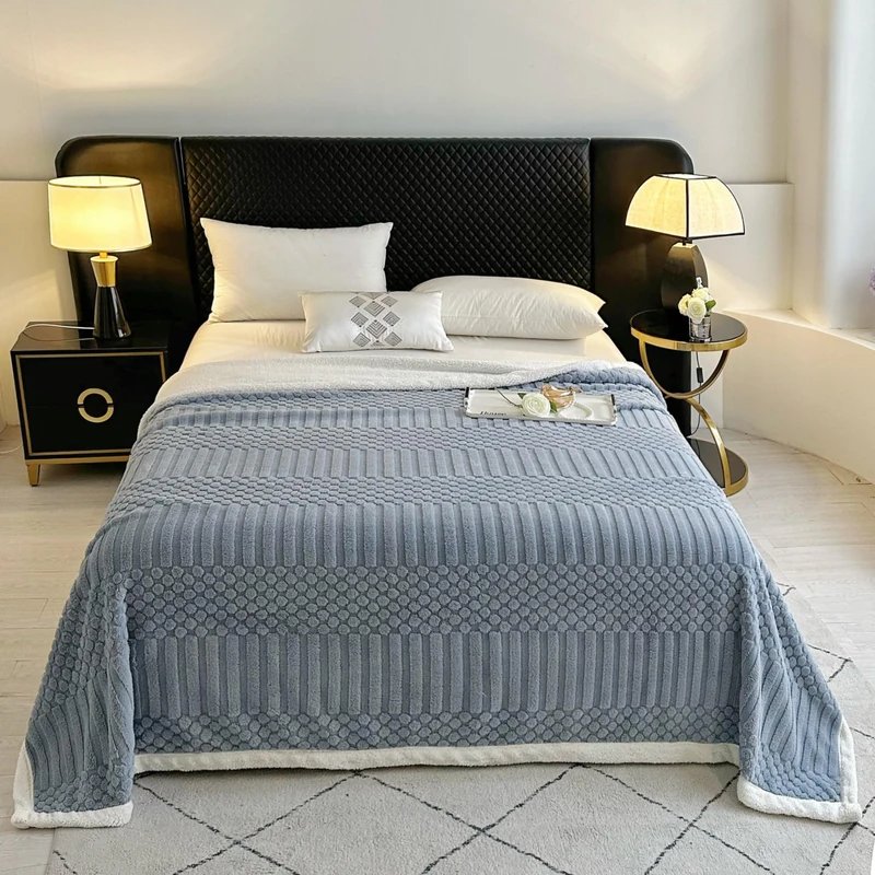 UKELER Sherpa Bed Blanket 80 × 90 inch, Ultra Soft Queen Size Throw Blanket for All Season, Cozy Plush Striped Fleece Blanket for Bedroom Living Room Dorm Hostel Sofa Camping, Blue Grey