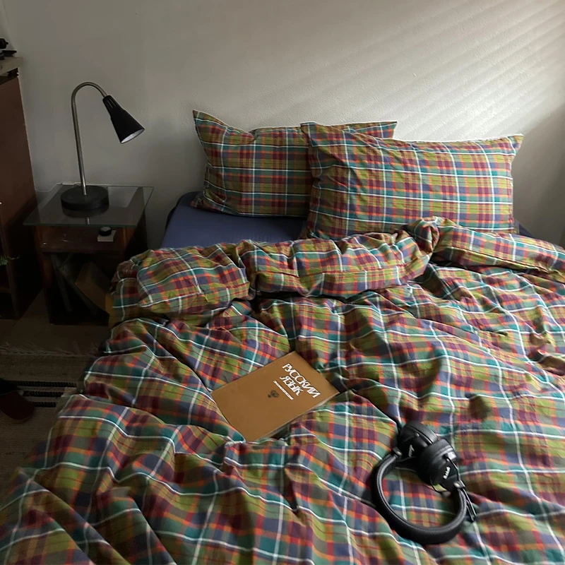 MKXI Buffalo Plaid Duvet Cover Set 3 Piece Vintage Bedding in Kelly Green, Navy & Red | 100% Washed Cotton Reversible Design with Zipper Closure & Corner Ties,Shabby Chic Aesthetic for King