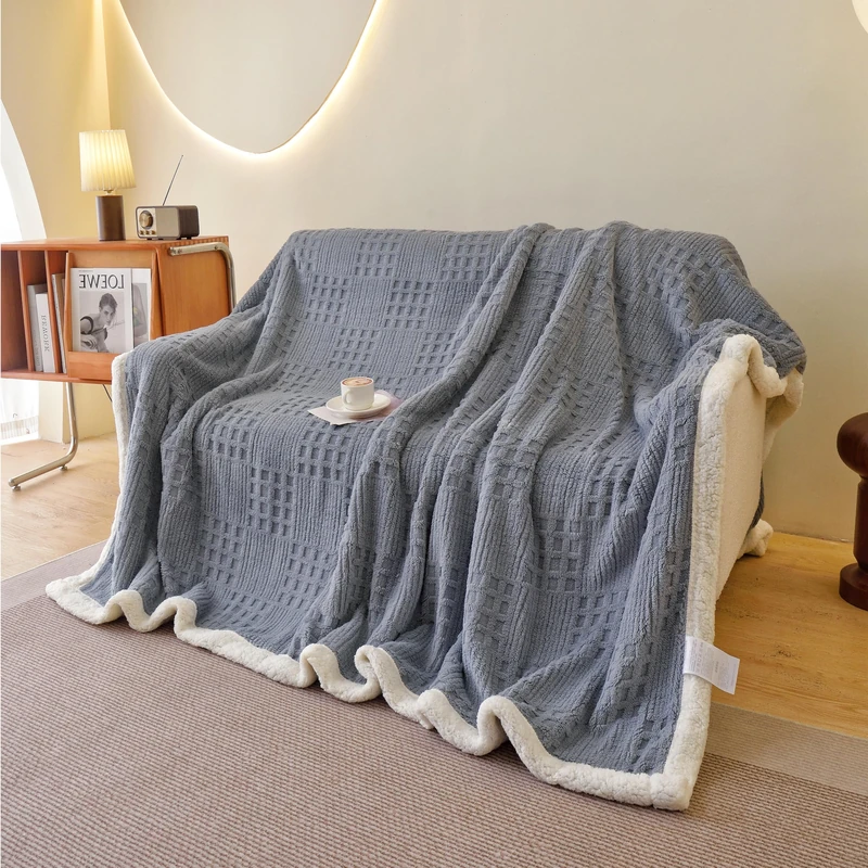 UKELER Sherpa Bed Blanket 80 × 90 inch, Ultra Soft Queen Size Throw Blanket for All Season, Cozy Plush Checkered Fleece Blanket for Bedroom Living Room Dorm Hostel Sofa Camping, Blue Grey