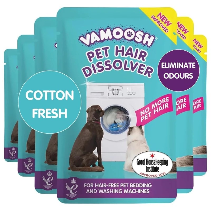 Vamoosh Pet Hair Dissolver - Pet Hair Remover for Washing Machines, Cotton Fresh 6x100g, Eliminates Odours and Dirt, Dissolves Dog, Cat, Horse, Animal Fur, Large Pack up to 6 Washes - Image 1