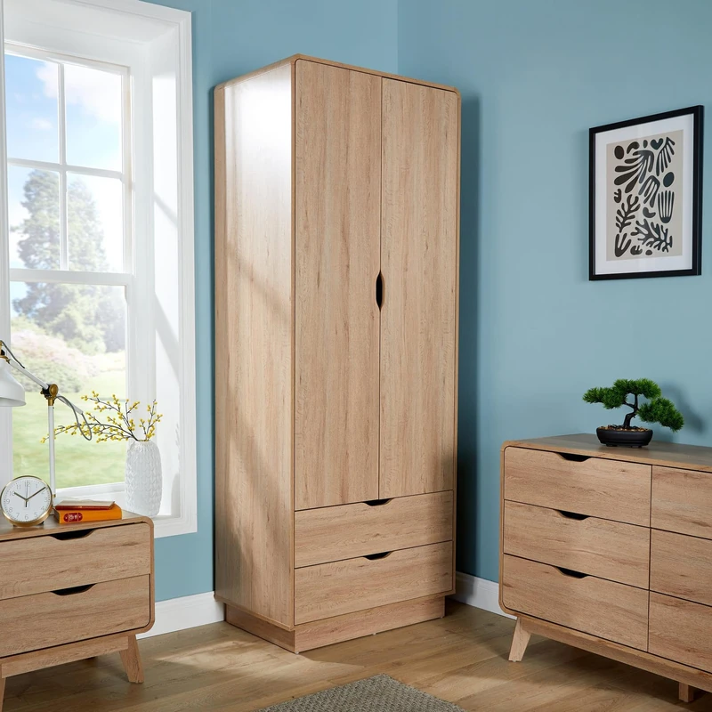 Home Source Bedroom Furniture 2 Door Wardrobe, Storage Rail, 2 Drawers, Brown