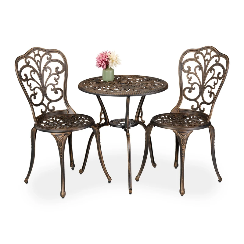 Relaxdays Garden Bistro Set, 3-Piece, Table & 2 Chairs, Antique Design, Patio Furniture, Outdoor Dining, Black/Bronze, Aluminium, 65 x 60 cm