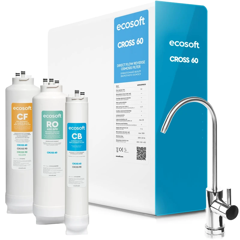 Ecosoft - Cross 60 Compact Reverse Osmosis Filter, 1 L-Min Direct Flow, Water Saving Technology, Smart Display, DIY Cartridge Replacement, Compact and Space Saving Design
