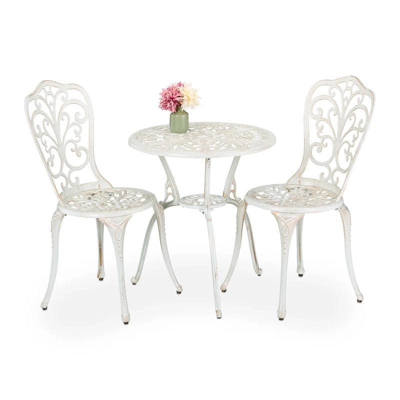 Relaxdays Garden Bistro Set, 3-Piece, Table & 2 Chairs, Antique Design, Patio Furniture, Outdoor Dining, White/Bronze, Aluminium, 65 x 60 cm