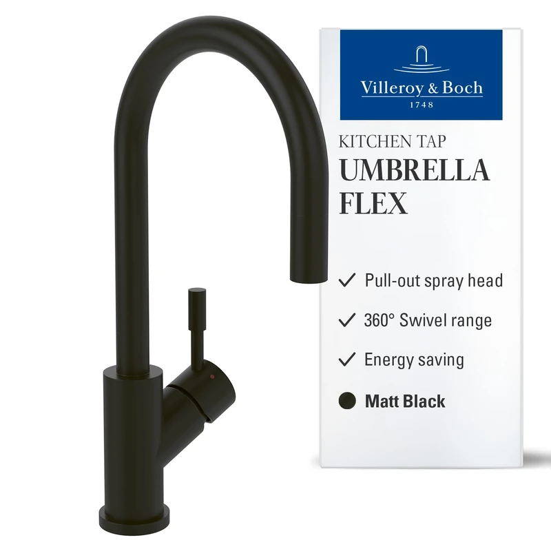 Villeroy & Boch Umbrella Flex Kitchen Faucet, High Pressure Kitchen Tap with Pull Out and 360° Swivel, Water-Saving Sink Faucet, Spout Height 220mm, Matte Black