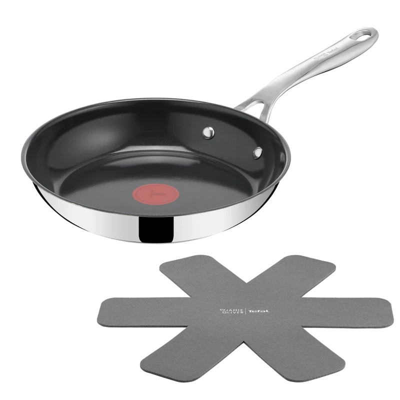 Tefal Jamie Oliver Direct Cook 24 cm Frying Pan, Stainless Steel, Ceramic Non-Stick Coating + Pan Protector, H880S234