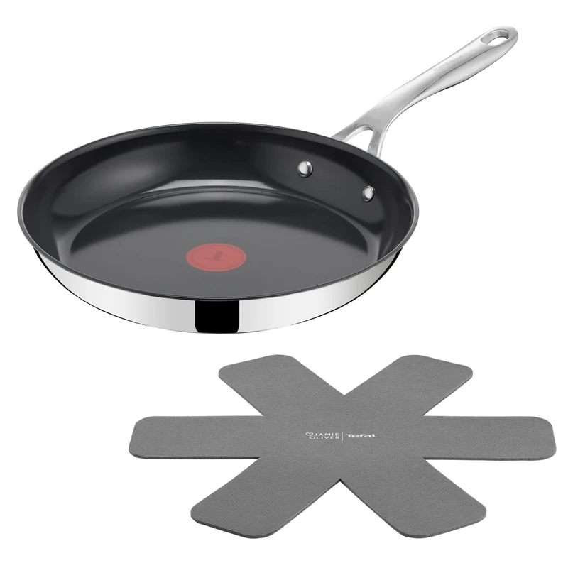 Tefal Jamie Oliver Direct Cook 28 cm Frying Pan, Stainless Steel, Ceramic Non-Stick Coating + Pan Protector, H8802S34