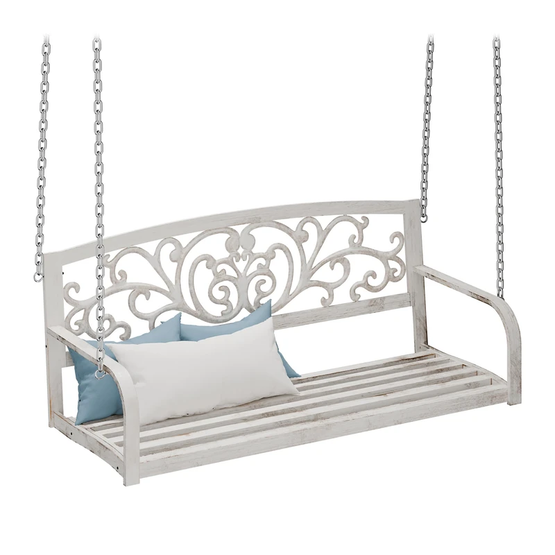 Relaxdays Swing Bench, Suspension, Hanging, 2 Seater, Garden, Vintage Design, Metal, HxWxD: 190x133x55 cm, White/Bronze, Cast iron, Steel, 190 x 133 x 55 cm