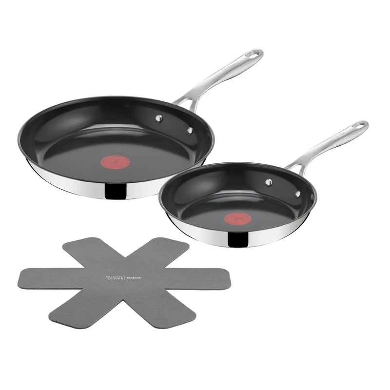 Tefal Jamie Oliver Direct Cook Frying Pan Set 24, 28 cm, Stainless Steel, Ceramic Non-Stick Coating + Pan Protector, H8802S34
