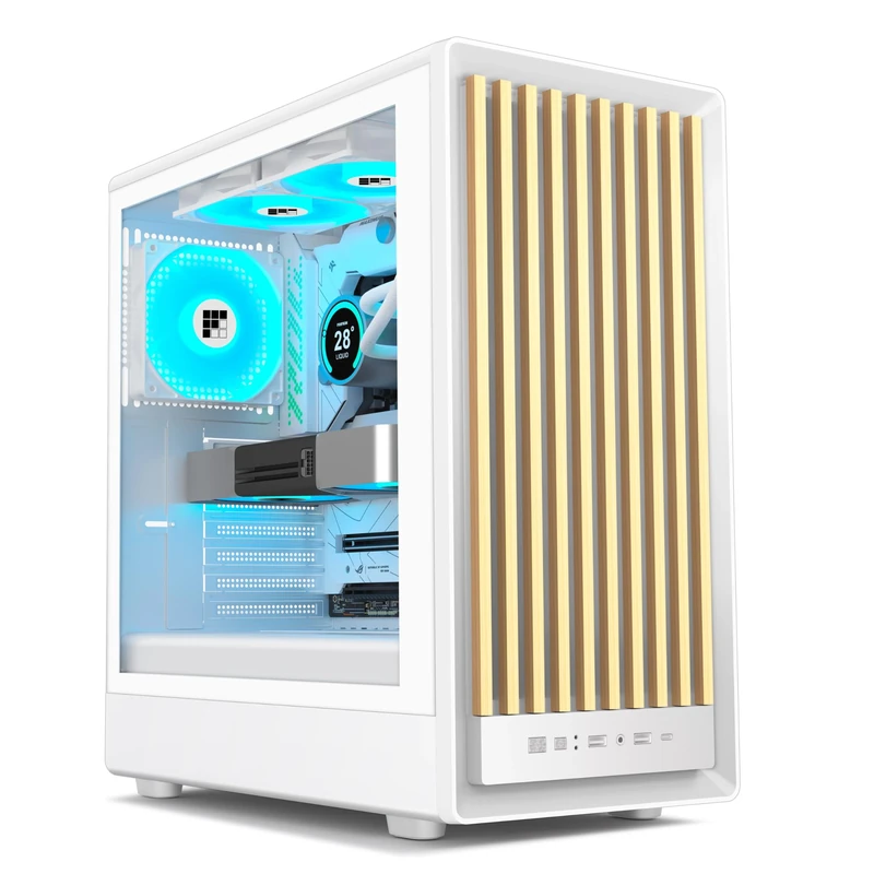 FOIFKIN M1 PC Case - Wood Walnut front, Pre-Installed 4 PWM ARGB Fan, ATX Mid-Tower Gaming PC Case, With Type-C (White, M1)