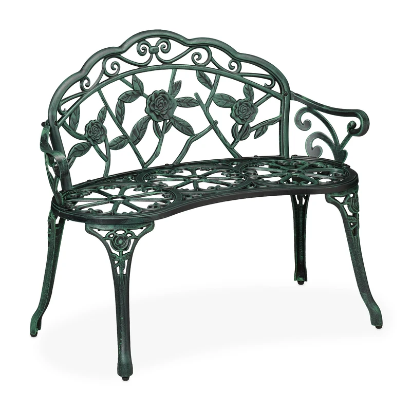 Relaxdays Garden Bench, 2-Seater, Balcony & Patio, Aluminium & Cast Iron, HWD: 79x99x56 cm, Outdoor Seat, Black/Green