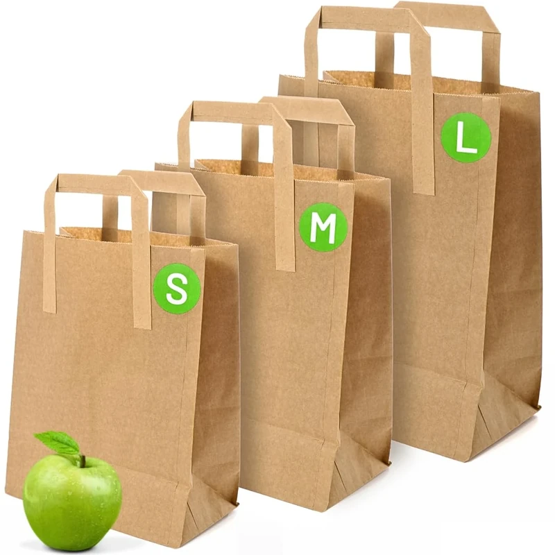 Brown Paper Bags with Handles - Small 8 x 7 x 3.5, 500 Pack, 80gsm Kraft Material, Takeaway Lunch Grocery Shopping Gift Party