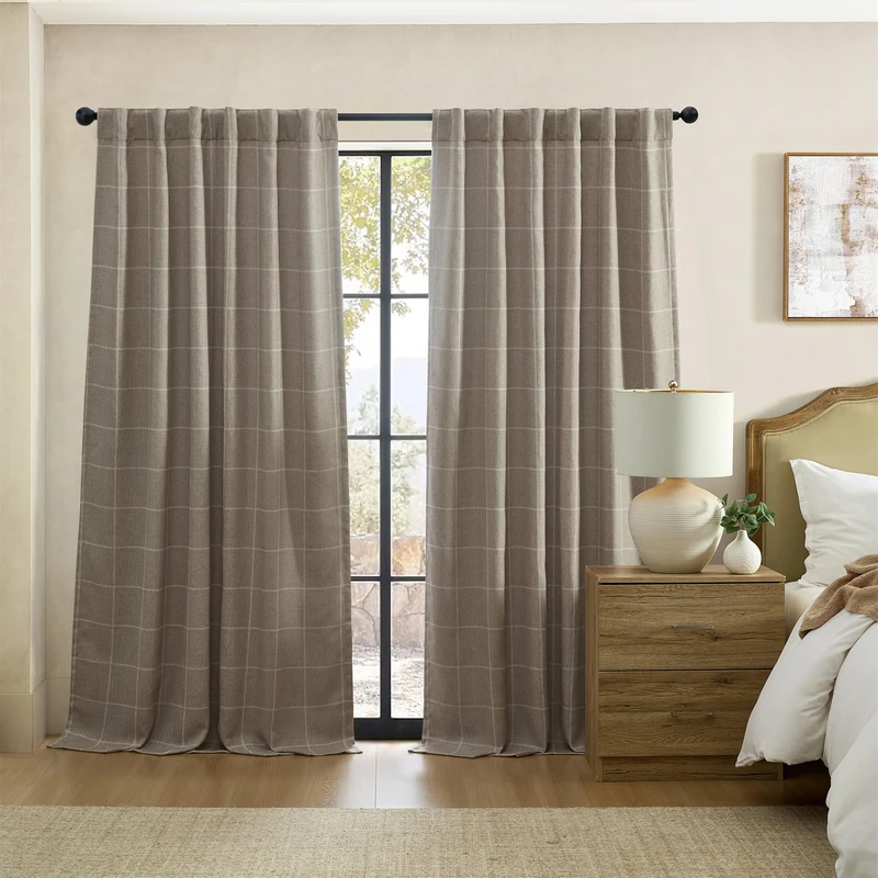 Threadmade Elrene Home Fashions Sawyer Windowpane Plaid Blackout Window Curtain Panel with Rod Pocket/Back Tabs for Living Room/Bedroom/Office, 52"x108", Taupe