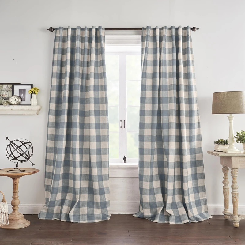 Elrene Home Fashions Farmhouse Living Grainger Buffalo-Check Room Darkening Window Curtain, Living Room and Bedroom Drape with Rod Pocket Tabs, 52" x 108", Chambray, 1 Panel