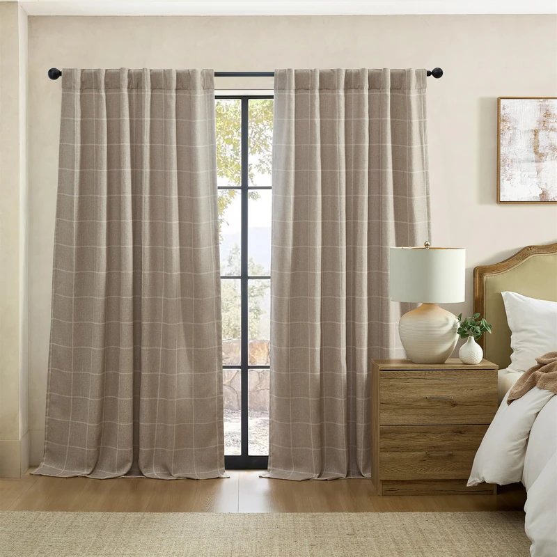 Elrene Home Fashions Sawyer Windowpane Plaid Blackout Window Curtain Panel with Rod Pocket/Back Tabs for Living Room/Bedroom/Office, 52"x108", Linen