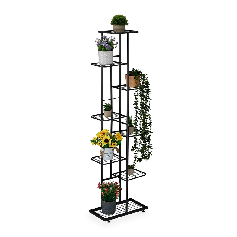 Relaxdays Plant Stand, 8 Tiers for 9 Pots, Shelves for Flowers & Houseplants, Metal, Herb Rack, HWD: 142x45x22 cm, Black