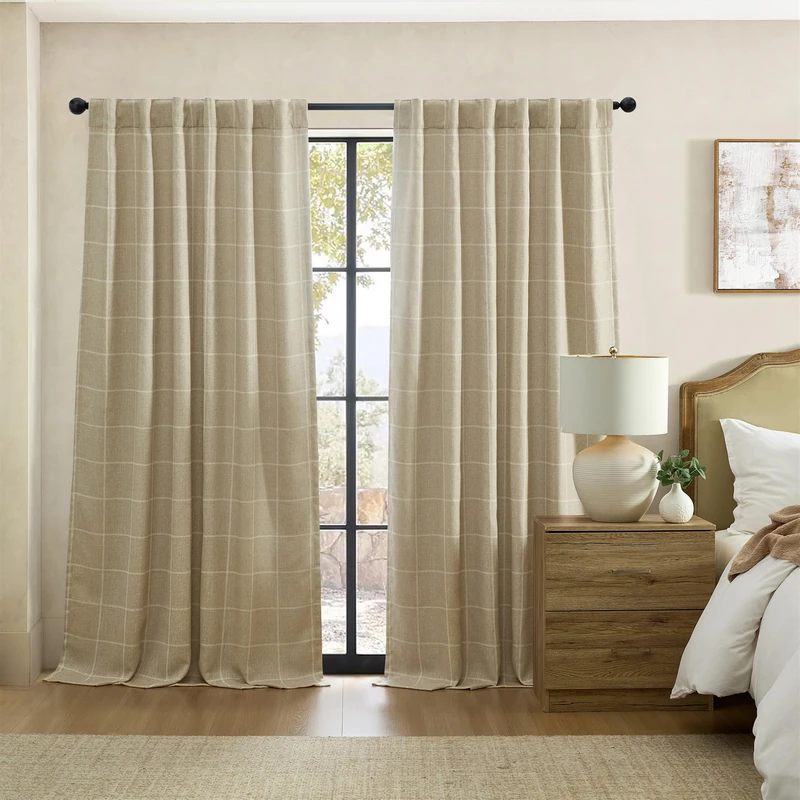 Threadmade Elrene Home Fashions Sawyer Windowpane Plaid Room Darkening Single Window Curtain Panel with Rod Pocket/Back Tabs for Living Room/Bedroom/Office, 52"x108", Sand
