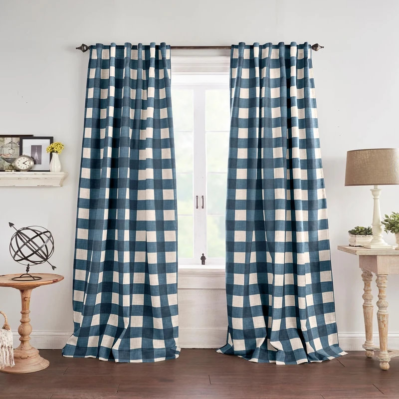 Elrene Home Fashions Farmhouse Living Grainger Buffalo-Check Room Darkening Window Curtain, Living Room and Bedroom Drape with Rod Pocket Tabs, 52" x 108", Indigo, 1 Panel