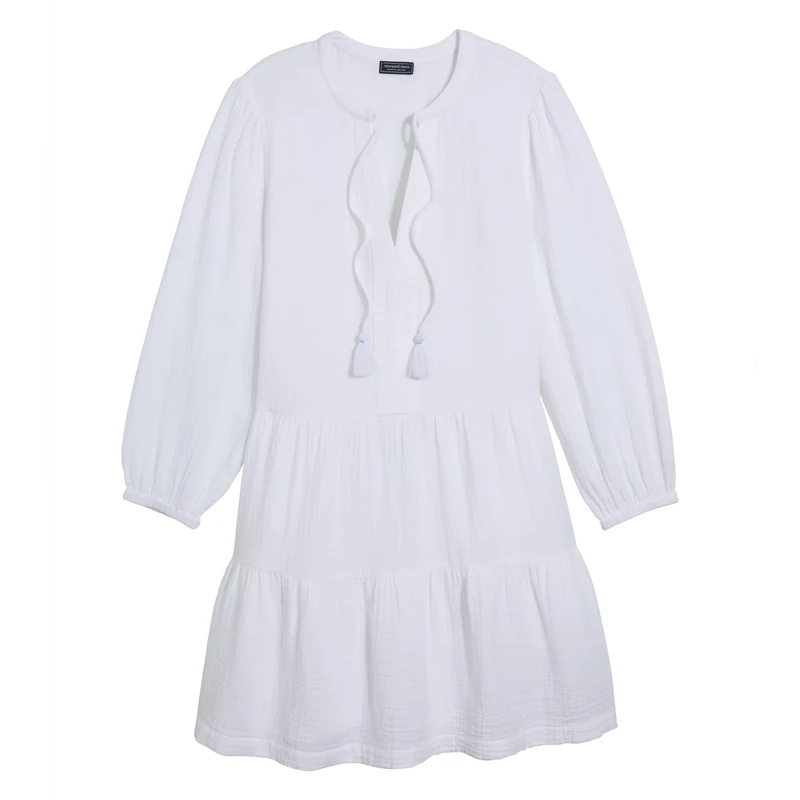 vineyard vines Women's Gauze Tiered Cover-Up, White Cap, Medium