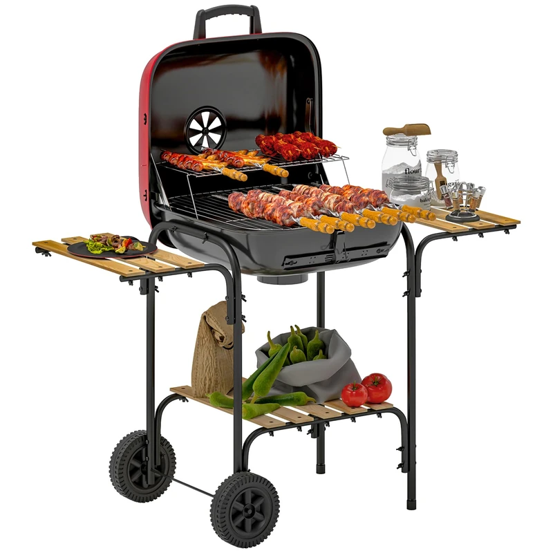 Outsunny Charcoal Barbecue Grill Portable BBQ Grill with 1840 cm² Cooking Area, 3 Shelves, Adjustable Vent, Lockable Lid, Wheels for Outdoor Cooking, Garden Party, Red