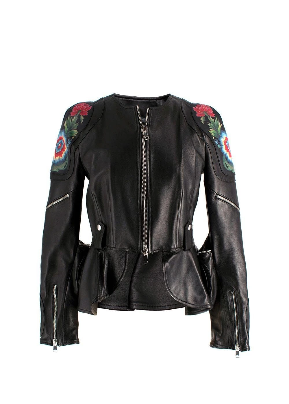 Alexander McQueen Pre-loved Black Floral Painted Peplum Leather Jacket