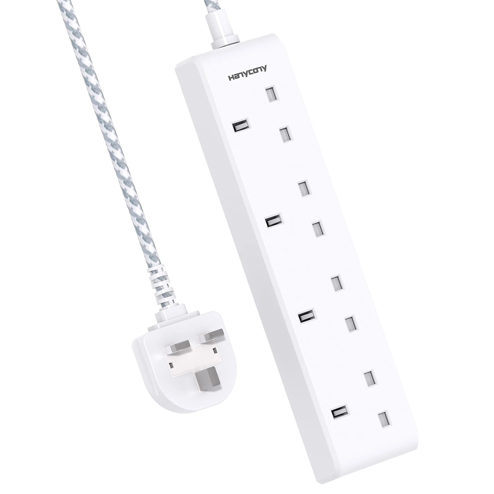4 Way Extension Lead 1M, HANYCONY Plug Extension Socket with Braided Cable, Compact Multi Plug Power Strip 3250W, Electric Extension Cord for Home, Office, Desk, Travel Accessories, White