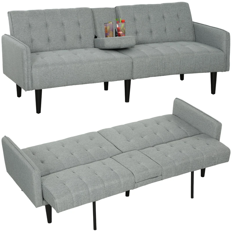 HOMCOM Click Clack Sofa Bed, Linen-Feel Fabric 3 Seater Sofa for Living Room/Spare Room/Guest Room, Bed Settee with Cup Holders, Light Grey