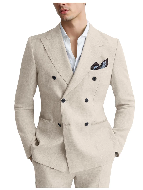 Autrl Mens Suits Linen 2 Piece Suit for Men Peak Lapel Slim Fit Suits Set Double Breasted Tuxedos for Wedding Prom, Beige, XS - Image 1