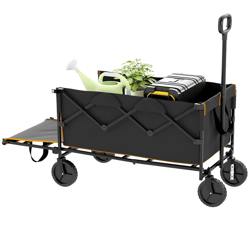 Outsunny 160L Festival Trolley on Wheels, Folding Camping Trolley Cart w/Tailgate, 100kg Heavy Duty Garden Collapsible Folding Wagon w/Adjustable Handle, Carry Bag for Beach Picnic, Black and Orange