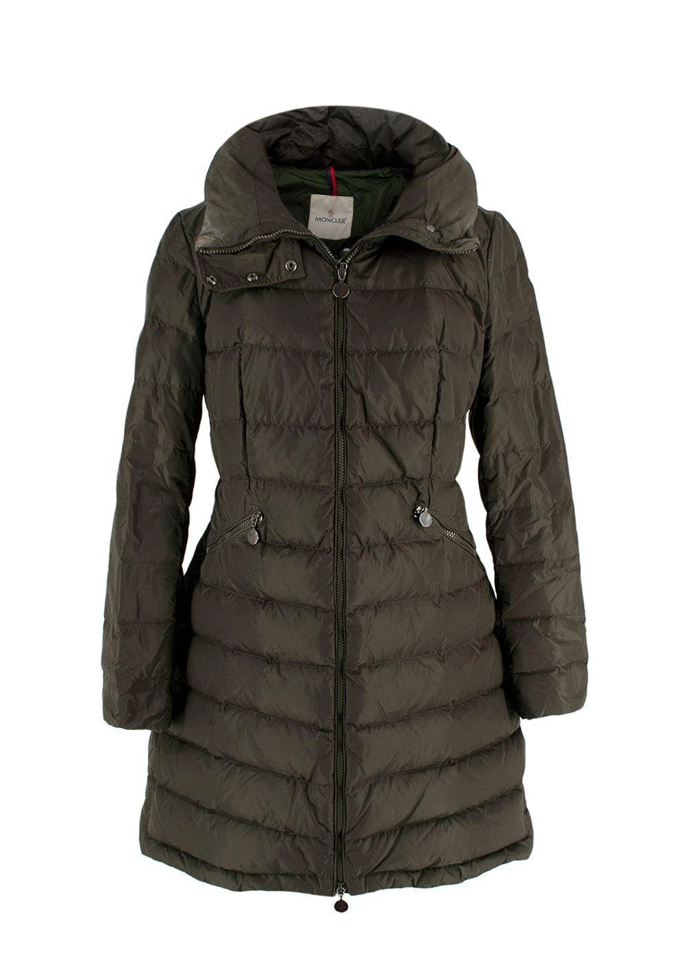 Moncler Pre-loved Khaki Longline Flammette Puffer Coat