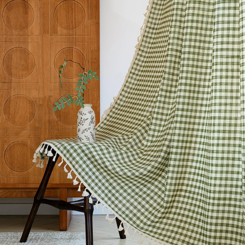 ENJOYBRIDAL Green Plaid 84 Inch Curtains for Living Room Cute Drapes Rod Pocket Semi Sheer Boho Rustic Window Curtain Panels Bedroom Tassel 2 Panels Farmhouse Window Treatments