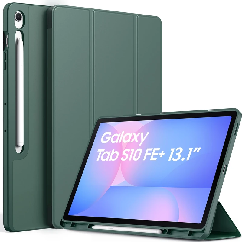 EasyAcc Case for Samsung Galaxy Tab S10 FE+/ S10 FE Plus 13.1 Inch with Pencil Holder, Ultra Thin Slim PU Leather Protective Case, Dark Green