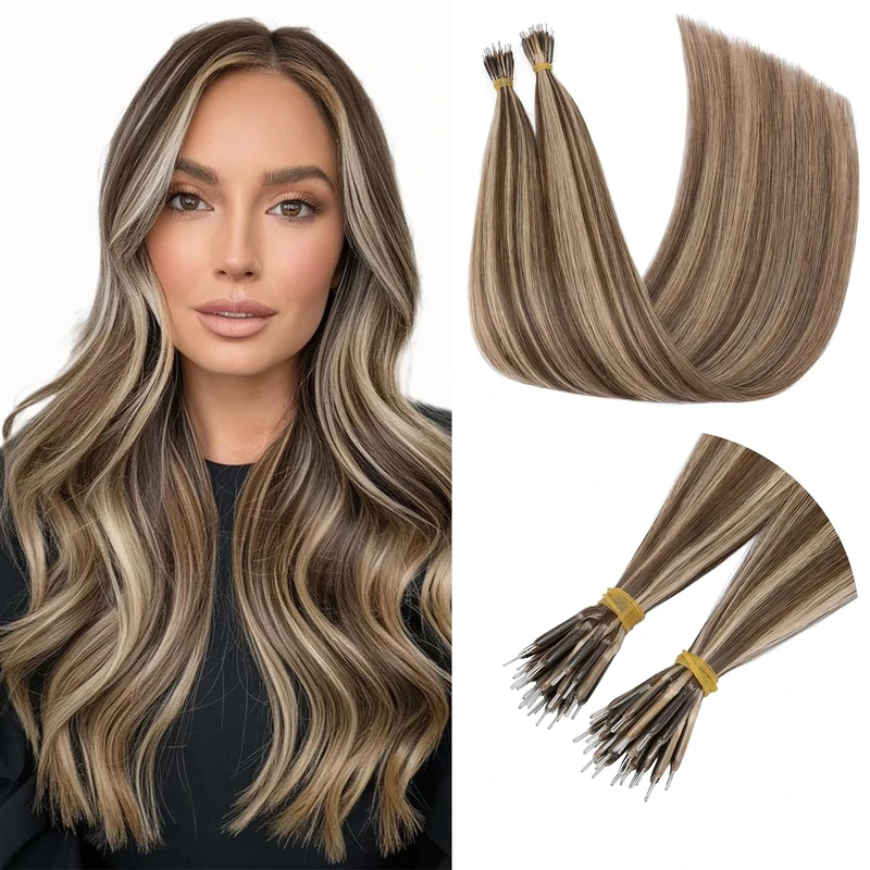 TESS Blonde Real Hair Extensions Nano Virgin Remy Human Hair Nano Ring Beads Tip Included 50 Strands 50g Cold Fusion Long Hair - #4P27 Medium Brown＆Dark Blonde - 20 Inch