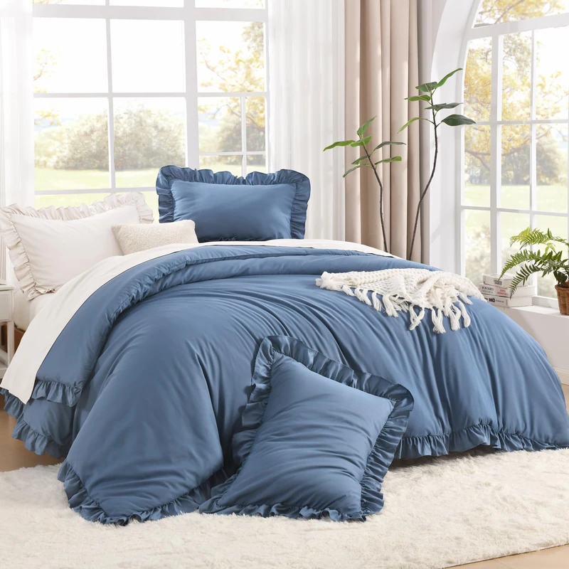 Litanika King Comforter Set, 3 Pieces Ocean Blue Ruffle Bedding Set