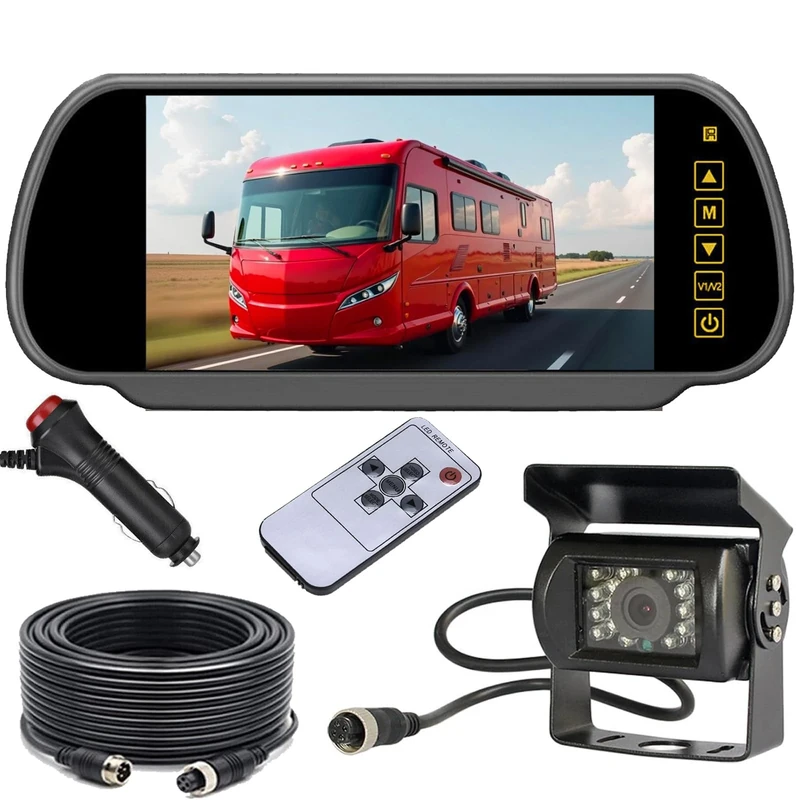 4Pin 7 Inch Rear View Mirror Monitor +18LEDs Night Vision Waterproof Reversing Backup Camera with 15M(49ft) Cable for 12V-24V Truck Caravam Trailer Motorhome