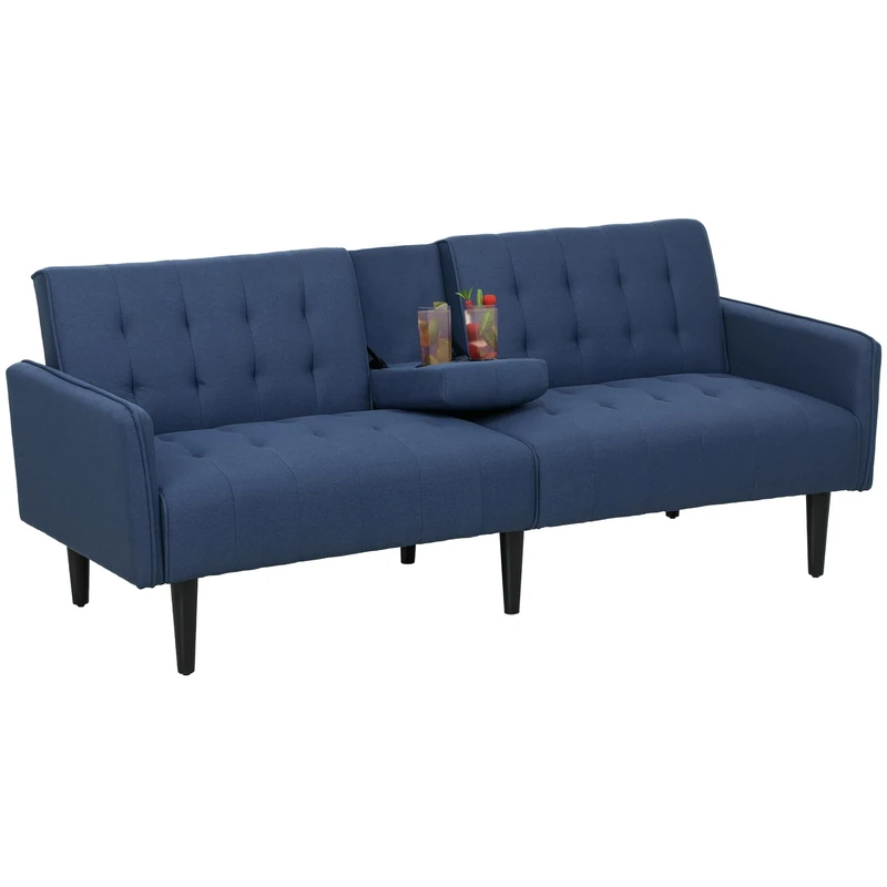 HOMCOM Click Clack Sofa Bed, Linen-Feel Fabric 3 Seater Sofa for Living Room/Spare Room/Guest Room, Bed Settee with Cup Holders, Dark Blue