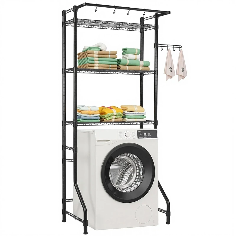 VEVOR Over Washer and Dryer Storage Shelf, 3 Tiers Laundry Room Drying Rack with Hanger Rod and Hooks, Single Row Adjustable Washer Shelves Space Saver, for Laundry Room Storage & Organization, Black